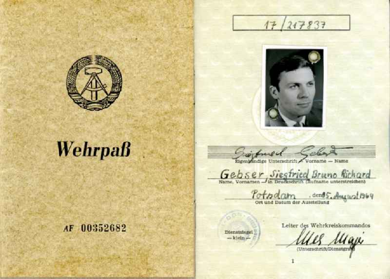 Reproduction Army pass - military service card of the National People's Army issued in Potsdam in the state Brandenburg on the territory of the former GDR, German Democratic Republic