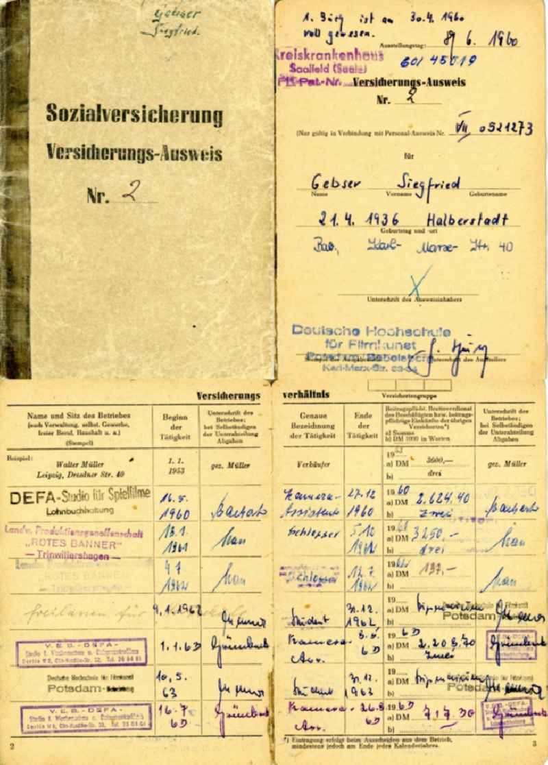 Reproduction Social security card issued in Potsdam in the state Brandenburg on the territory of the former GDR, German Democratic Republic