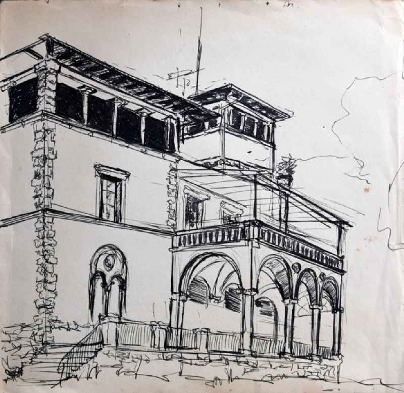 VG image free work: ink drawing ' Villa Sarre ' by the artist Siegfried Gebser in the district Babelsberg in Potsdam in the state Brandenburg on the territory of the former GDR, German Democratic Republic