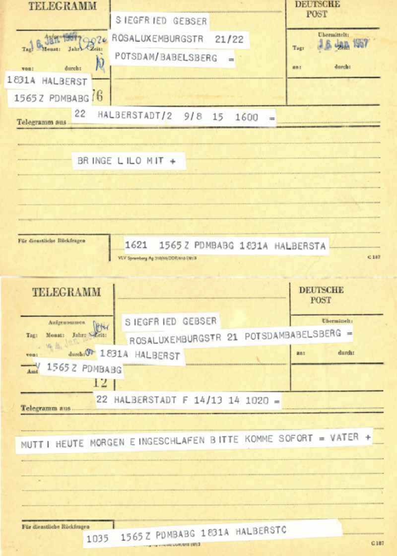 Reproduction Telegram - Announcement from the german Post issued in Potsdam in the state Brandenburg on the territory of the former GDR, German Democratic Republic