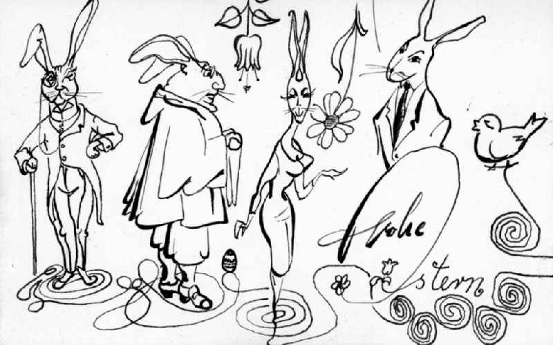 VG image free work: ink drawing ' Happy Easter ' by the artist Siegfried Gebser in the district Babelsberg in Potsdam in the state Brandenburg on the territory of the former GDR, German Democratic Republic