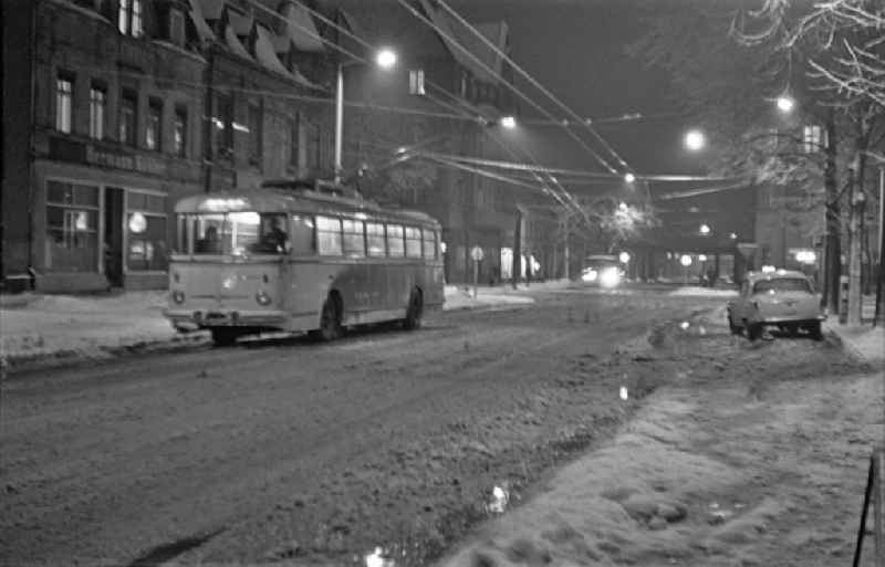 Trolleybus on the road in local transport use on street Karl-Liebknecht-Strasse in the district Babelsberg in Potsdam in the state Brandenburg on the territory of the former GDR, German Democratic Republic