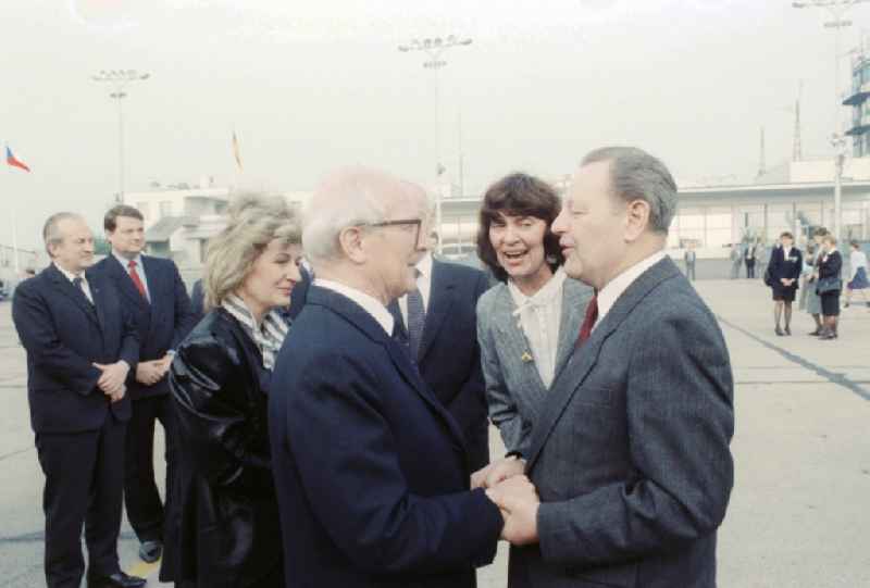 Erich Honecker during the arrival at the airport for an official visit to Prague in the Czech Republic, the former Czechoslovakia