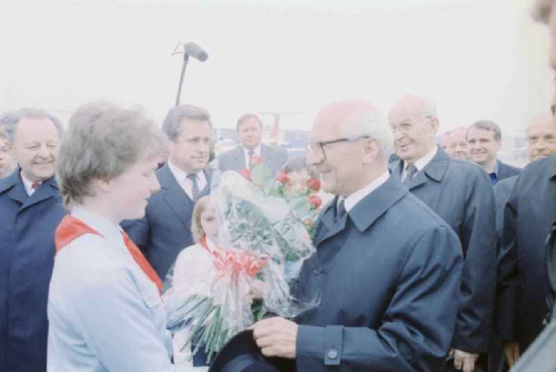 Erich Honecker, Eberhard Aurich and Foreign Minister Oskar Fischer and Gustav Husak during arrival for a state visit at the airport in Prague in the Czech Republic, the former Czechoslovakia