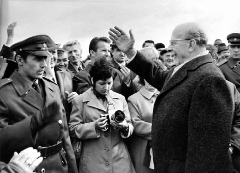 State act and reception for Walter Ernst Paul Ulbricht - Chairman of the State Council of the GDR on his arrival at the airport in Prague in Czechoslovakia, today's Czech Republic