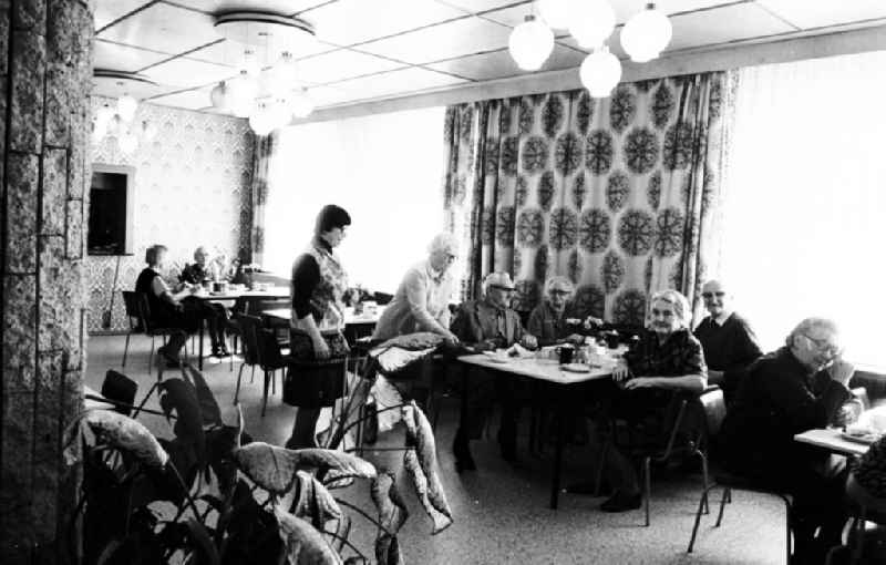 Dining room and food distribution in a retirement home and senior citizens' center on Fabrikenstrasse in Premnitz, Brandenburg in the territory of the former GDR, German Democratic Republic