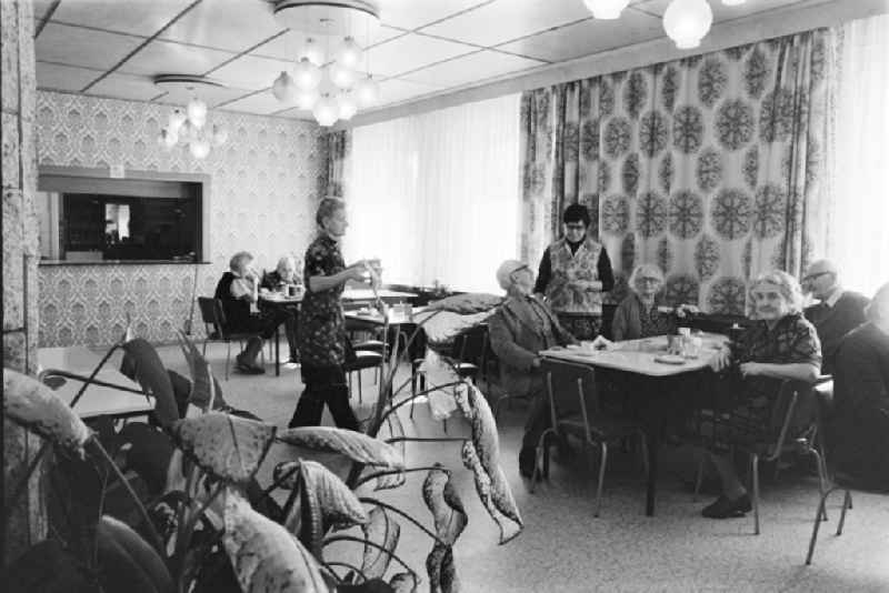 Dining room and food distribution in a retirement home and senior citizens' center on Fabrikenstrasse in Premnitz, Brandenburg in the area of the former GDR, German Democratic Republic