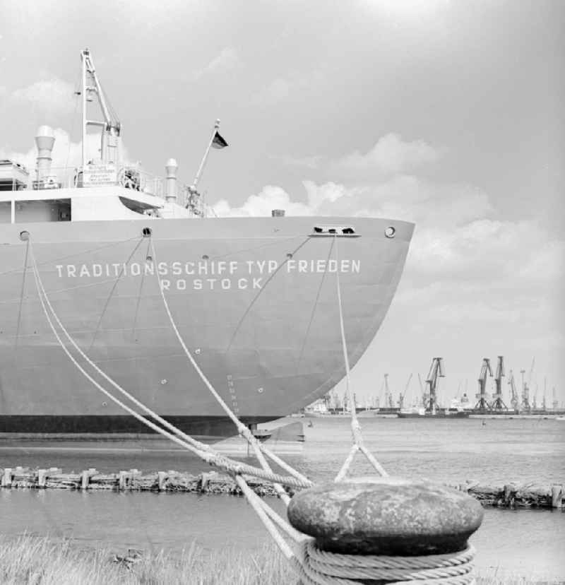 The traditional type of vessel Peace in the port at the lower Warnow in Rostock in Mecklenburg-Vorpommern on the territory of the former GDR, German Democratic Republic. 197
