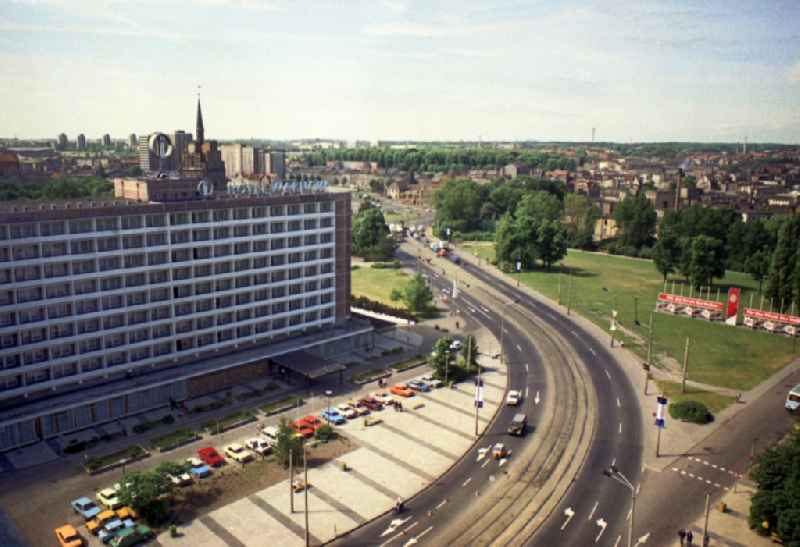 Gastronomic facility of the hotel - building ' Interhotel Warnow ' in Rostock in the state Mecklenburg-Western Pomerania on the territory of the former GDR, German Democratic Republic