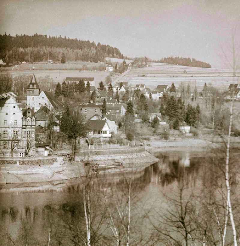 Village view of Saalburg-Ebersdorf, in the hole of lead dam, in the federal state Thuringia in the area of the former GDR, German democratic republic