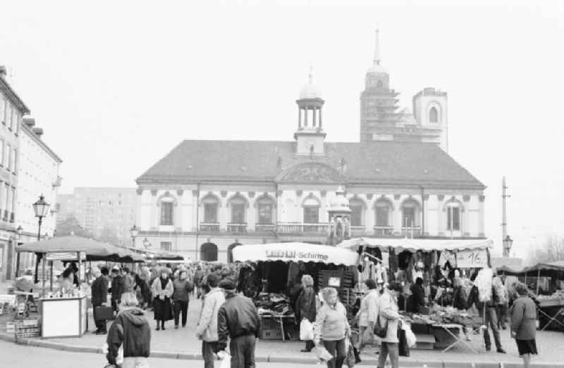 Magdeburg, Altermarkt mit Wochenmarkt, Rathaus im Hintergrund.
