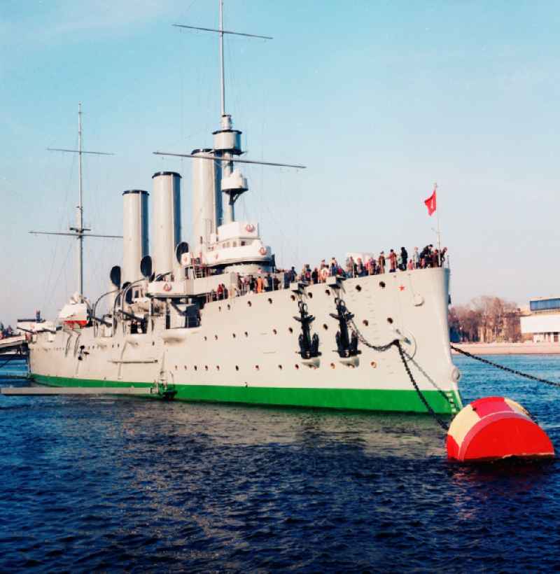 The armoured cruiser Aurora on the river Neva in Leningrad, today Saint Petersburg, in Russia. Today's museum ship is known as the Aurora Battleship and is a symbol of the October Revolution