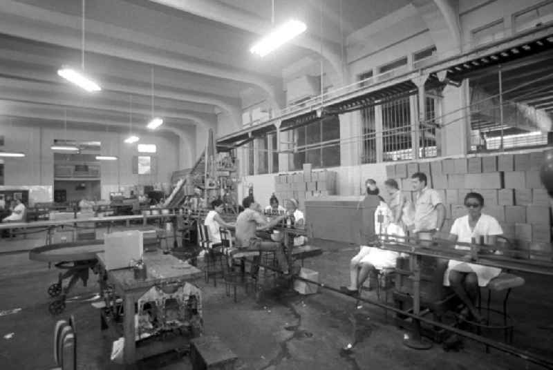 Arbeiter am Fließband in einer Rumfabrik in Santiago de Cuba.
