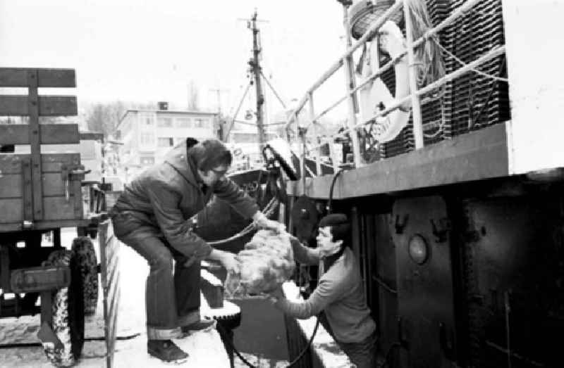 Schiffsbesatzung beim beladen eines Schiffes im Hafen vom Fischkombinat. Arbeiter reicht anderen Arbeiter ein Sack Kartoffeln.