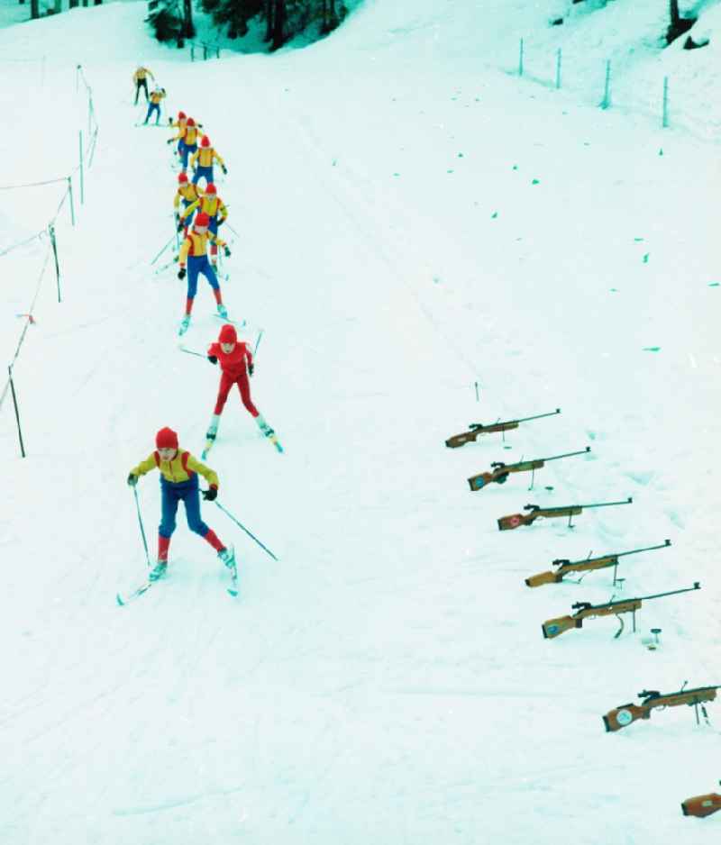 Young athletes - Biathletes of the WSV (Winter Sports Association) Scheibe-Alsbach train in the training centre in Scheibe-Alsbach in the federal state Thuringia on the territory of the former GDR, German Democratic Republic