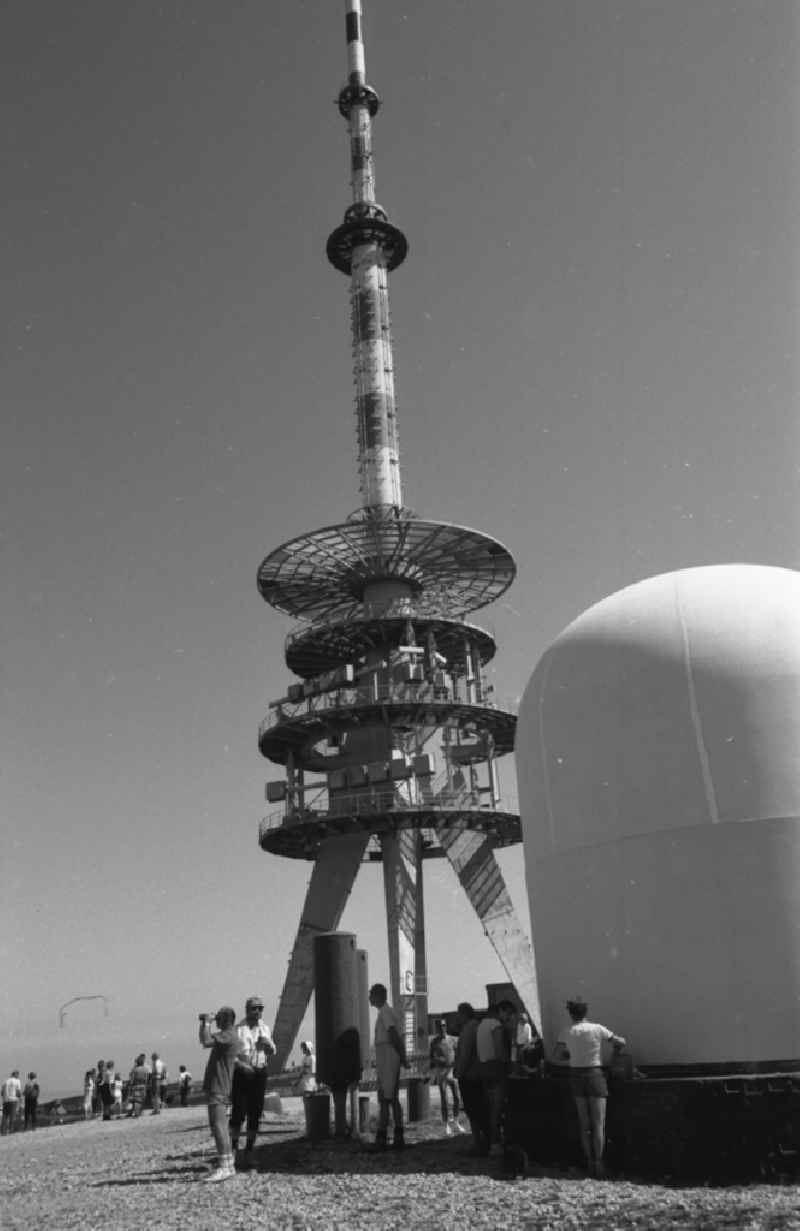Transmission and radio technology - military technology of the GSSD - Red Army on the summit of the Brocken Plateau during the first visit by civilians in Schierke in the state of Saxony-Anhalt in the area of the former GDR, German Democratic Republic