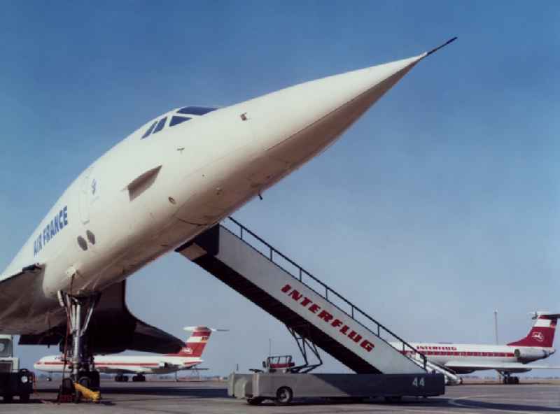 Air France Concorde F-BVFF on the apron of Leipzig-Schkeuditz Airport in the state Saxony on the territory of the former GDR, German Democratic Republic
