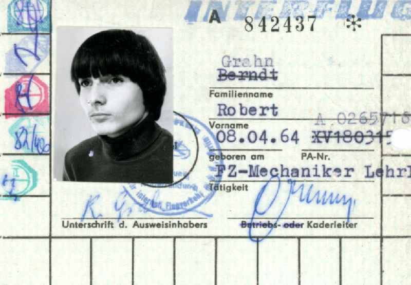 Reproduction Einheitlicher Betriebsausweis of german airline INTERFLUG - issued in Schoenefeld in the state Brandenburg on the territory of the former GDR, German Democratic Republic