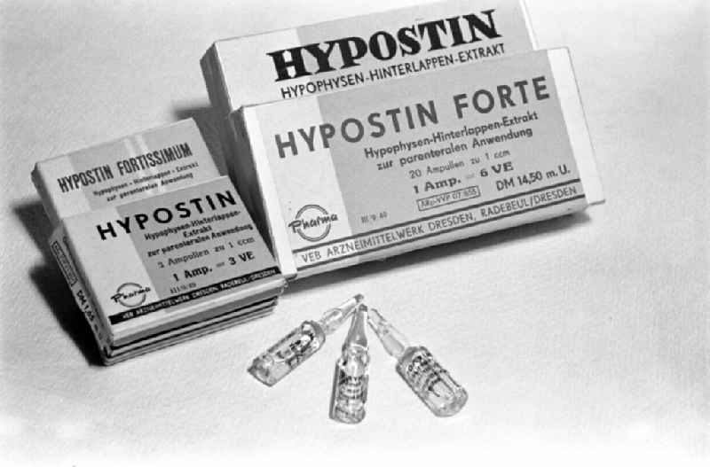 Pig-derived labor-inducing drug 'Hypostine - Posterior Pituitary Extract' in Stolpen, Saxony in the area of the former GDR, German Democratic Republic
