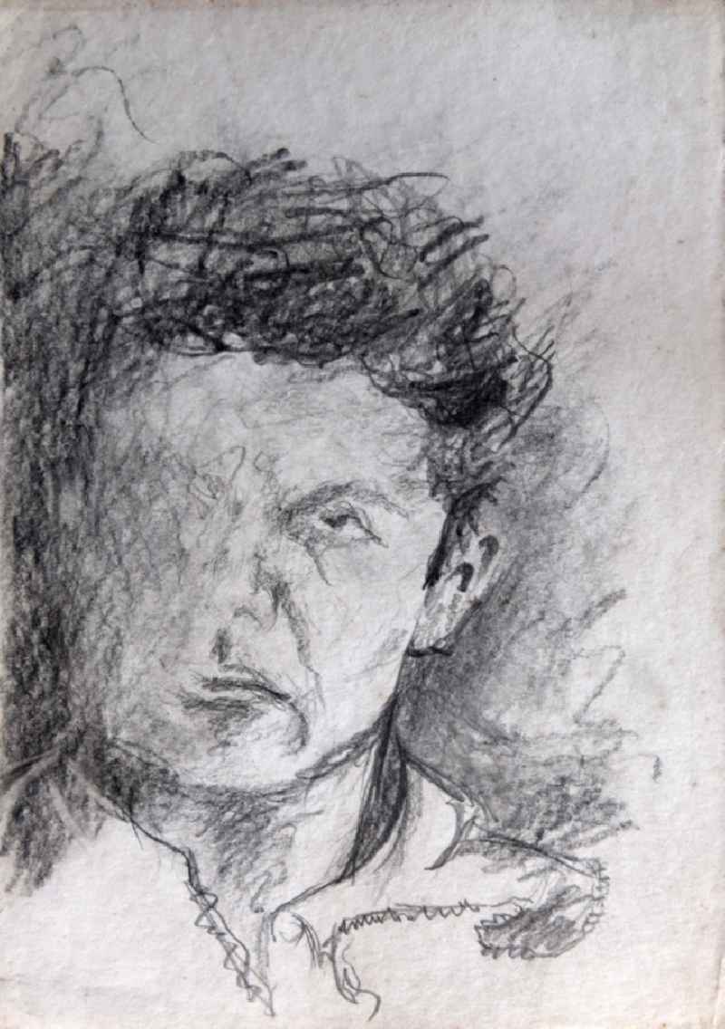 VG picture free work: pencil drawing self portrait by the artist Siegfried Gebser in Stralsund in the state Mecklenburg-Western Pomerania on the territory of the former GDR, German Democratic Republic