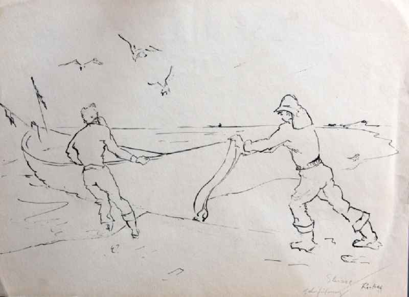 VG image free work: ink drawing ' Fisherman with a boat on the beach ' by the artist Siegfried Gebser in Stralsund in the state Mecklenburg-Western Pomerania on the territory of the former GDR, German Democratic Republic