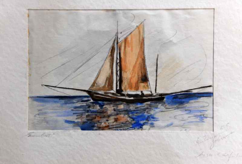 VG Image free work: Colored pencil drawing ' Sailboat on the Baltic Sea ' by the artist Siegfried Gebser in Stralsund in the state Mecklenburg-Western Pomerania on the territory of the former GDR, German Democratic Republic