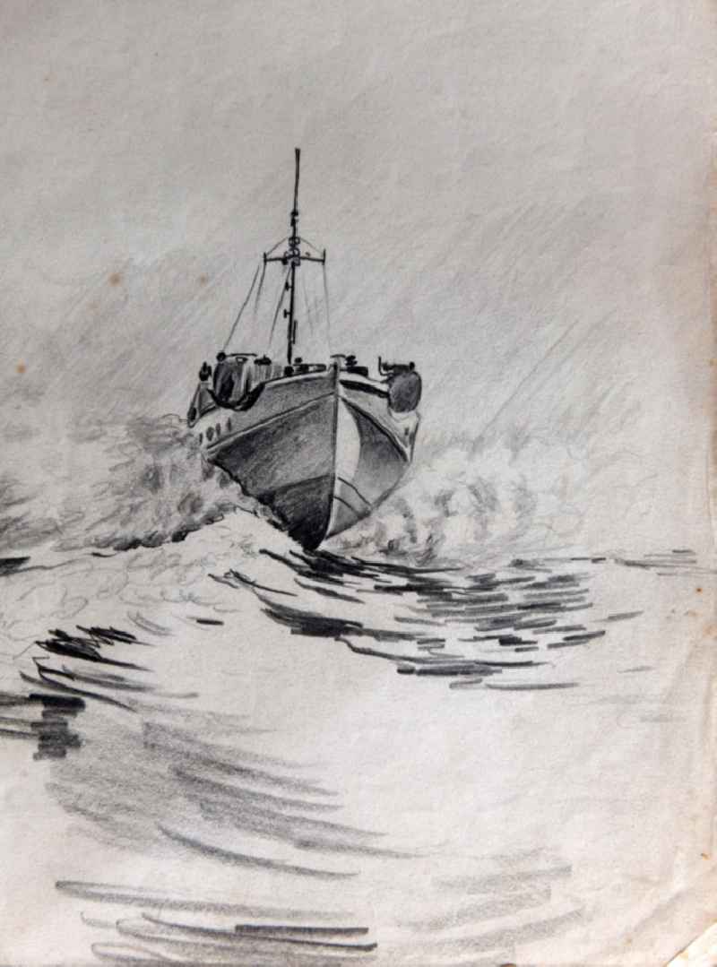 VG picture free work: pencil drawing ' Torpedo speedboat of the People's Navy on the Baltic Sea ' by the artist Siegfried Gebser in Stralsund in the state Mecklenburg-Western Pomerania on the territory of the former GDR, German Democratic Republic