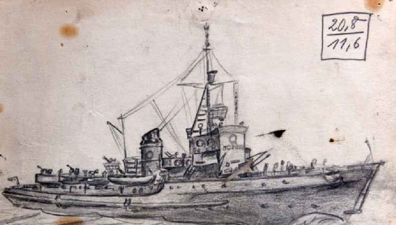 VG picture free work: pencil drawing ' Torpedo speedboat of the People's Navy on the Baltic Sea ' by the artist Siegfried Gebser in Stralsund in the state Mecklenburg-Western Pomerania on the territory of the former GDR, German Democratic Republic