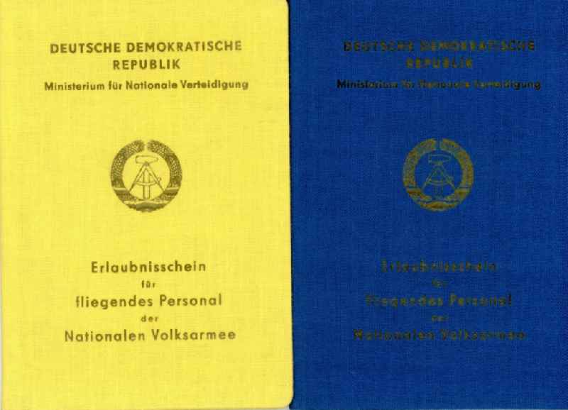 Reproduction ' Erlaubnisschein fuer fliegendes Personal der Nationalen Volksarmee ' issued in Strausberg in the state Brandenburg on the territory of the former GDR, German Democratic Republic