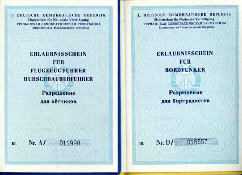 Reproduction ' Erlaubnisschein fuer fliegendes Personal der Nationalen Volksarmee ' issued in Strausberg in the state Brandenburg on the territory of the former GDR, German Democratic Republic