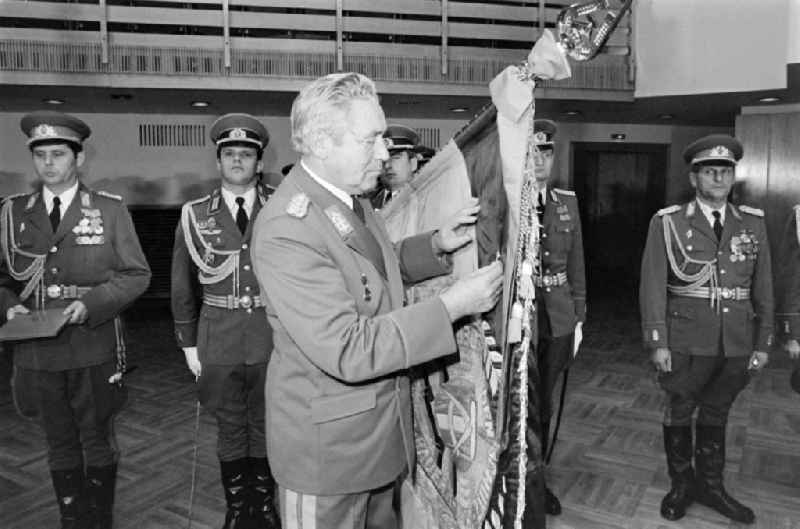 General Heinz Hoffmann awards the Karl-Marx medal to the National People's Armee units of Leipzig and Neubrandenburg in Strausberg in the state Brandenburg on the territory of the former GDR, German Democratic Republic