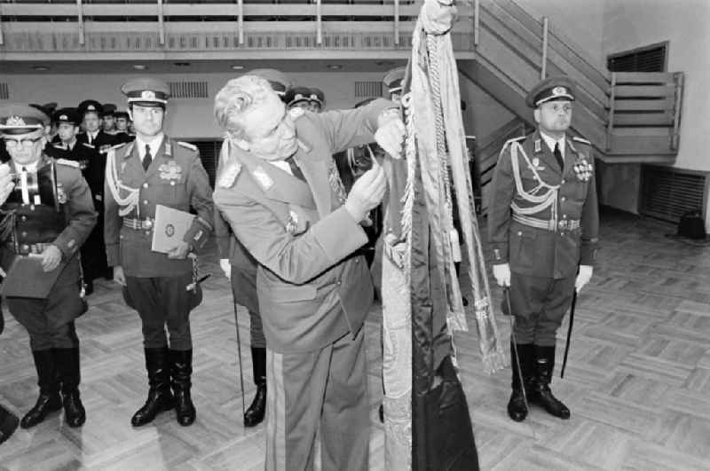 General Heinz Hoffmann awards the Karl-Marx medal to the National People's Armee units of Leipzig and Neubrandenburg in Strausberg in the state Brandenburg on the territory of the former GDR, German Democratic Republic
