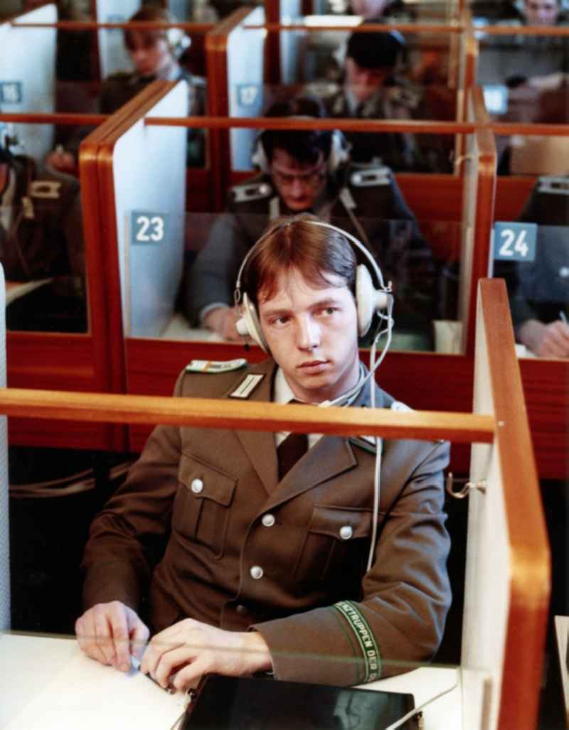 Officer training in the 3rd Year of training in the language lab of the officer school in Suhl at the East German border guards in today's state of Thuringia
