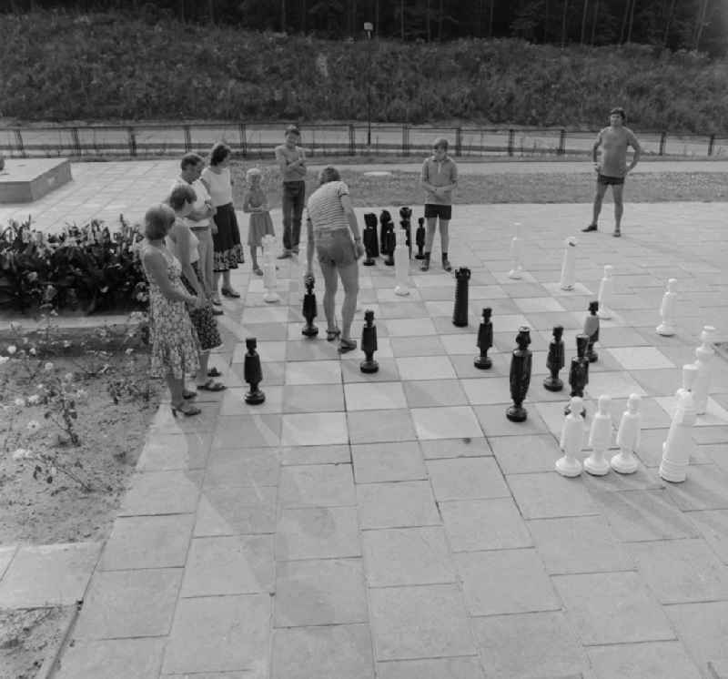 Tourists in chess play with great figures in Ueckeritz in Mecklenburg-Western Pomerania in the field of the former GDR, German Democratic Republic
