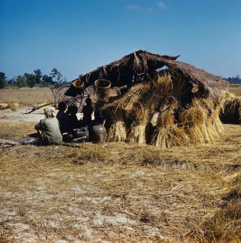Frauen und Männer machen eine Pause im Schatten einer Hütte während der Reisernte auf einem Feld in der Demokratischen Volksrepublik Laos.