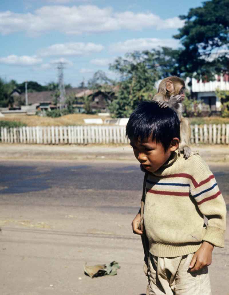 Ein Junge spielt mit einem Affen als Haustier auf einer Straße in Vientiane in der Demokratischen Volksrepublik Laos.