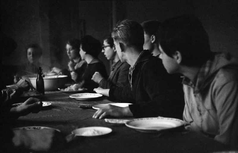 Food and drinks as lunch for students working on the potato harvest in Werneuchen, Brandenburg in the territory of the former GDR, German Democratic Republic