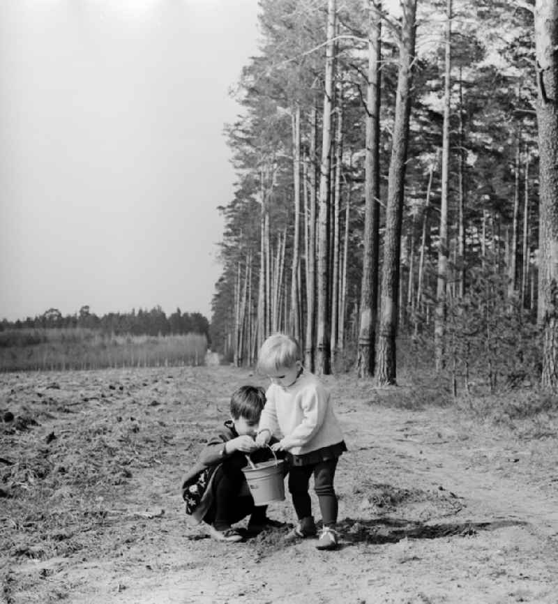 Two small children with a bucket and a shovel play in the sand in Wernigerode in the federal state Saxony-Anhalt on the territory of the former GDR, German Democratic Republic