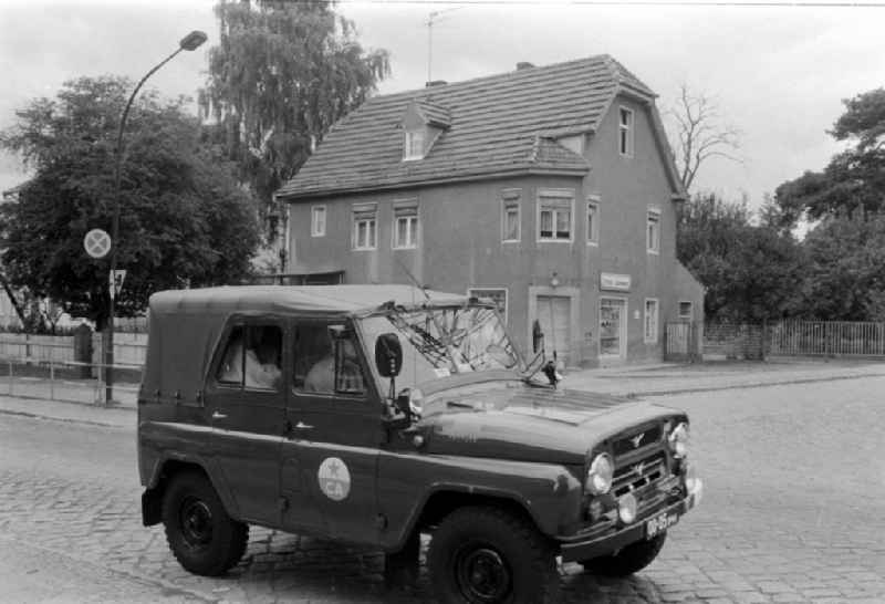 All-terrain vehicle as - military vehicle of the type UAZ-469 of the GSSD (Group of Soviet Armed Forces) in Wuensdorf in the federal state of Brandenburg in the area of the former GDR, German Democratic Republic